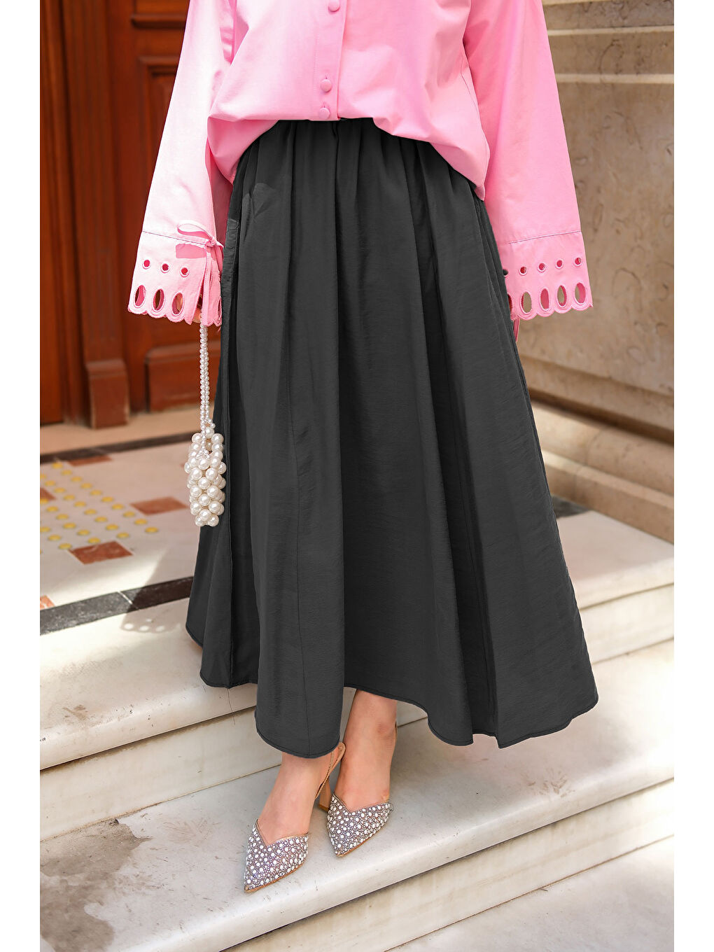 Kadın Kırışık Kloş Etek Siyah