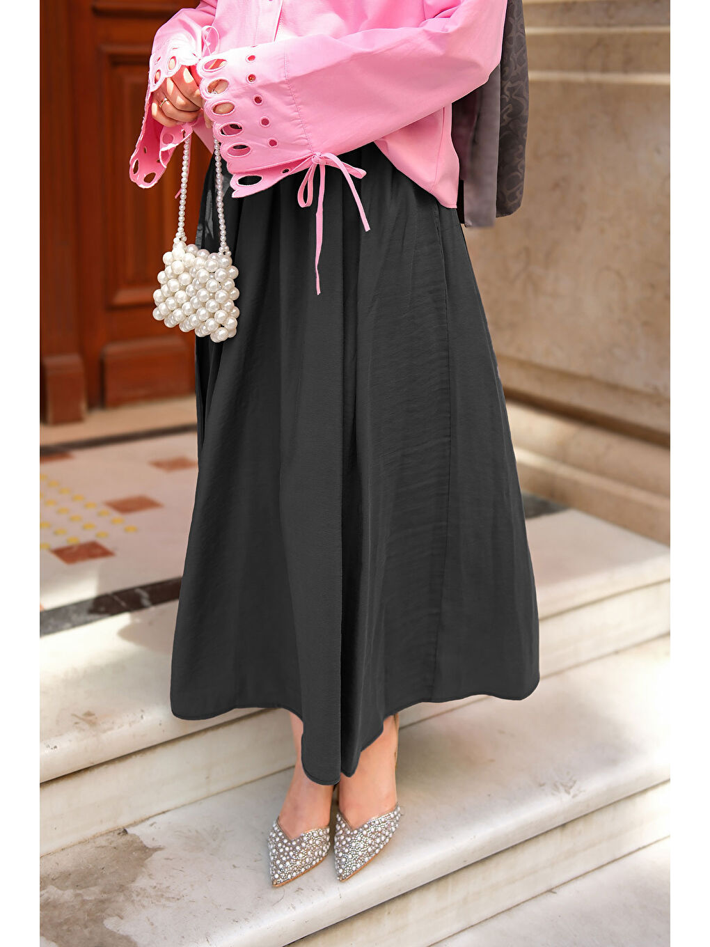 Kadın Kırışık Kloş Etek Siyah-1