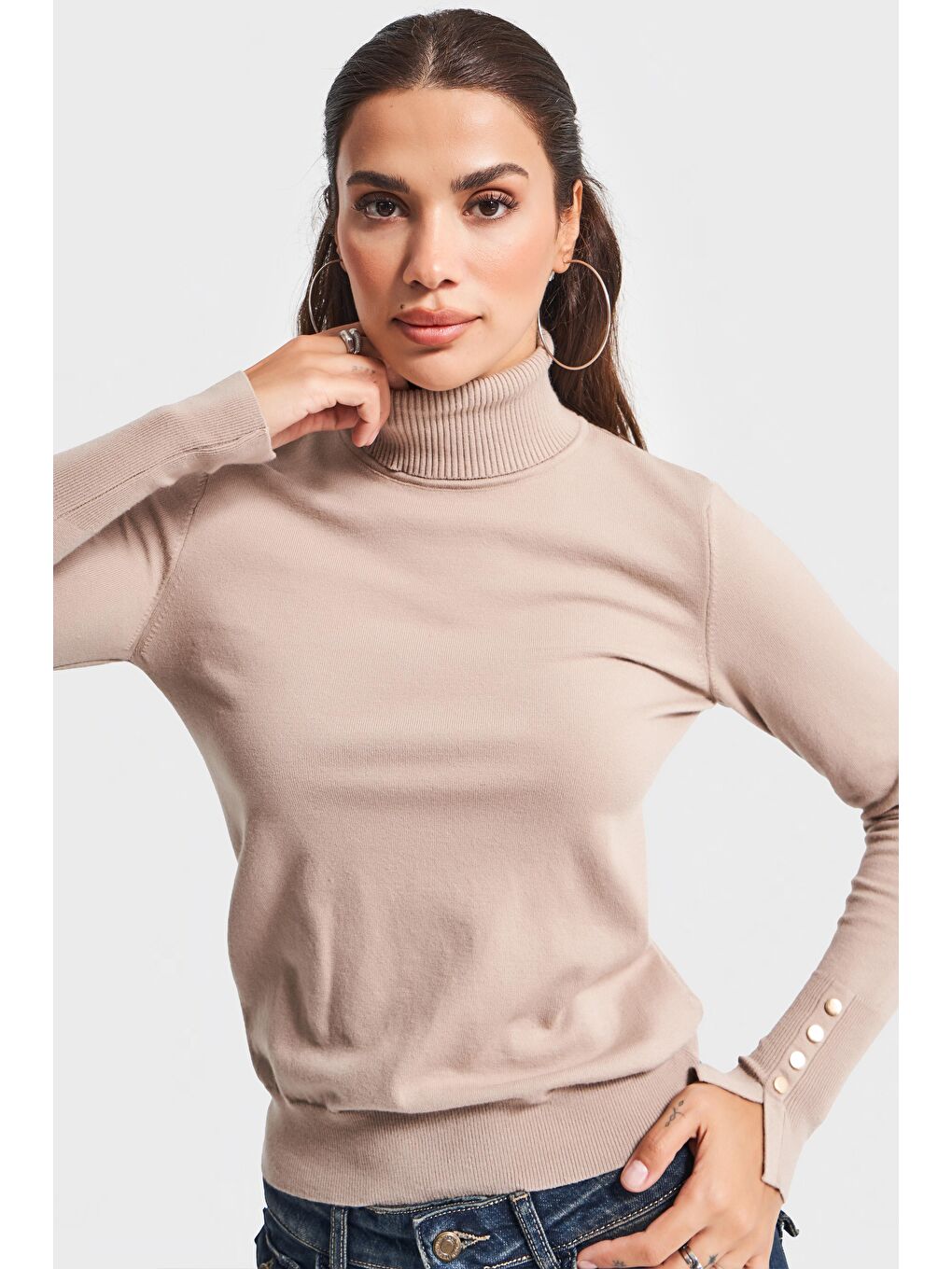 Bej Kadın Taş Renk w5-57 Yumuşak İnce Triko Kumaş Balıkçı Yaka Triko Kazak-1