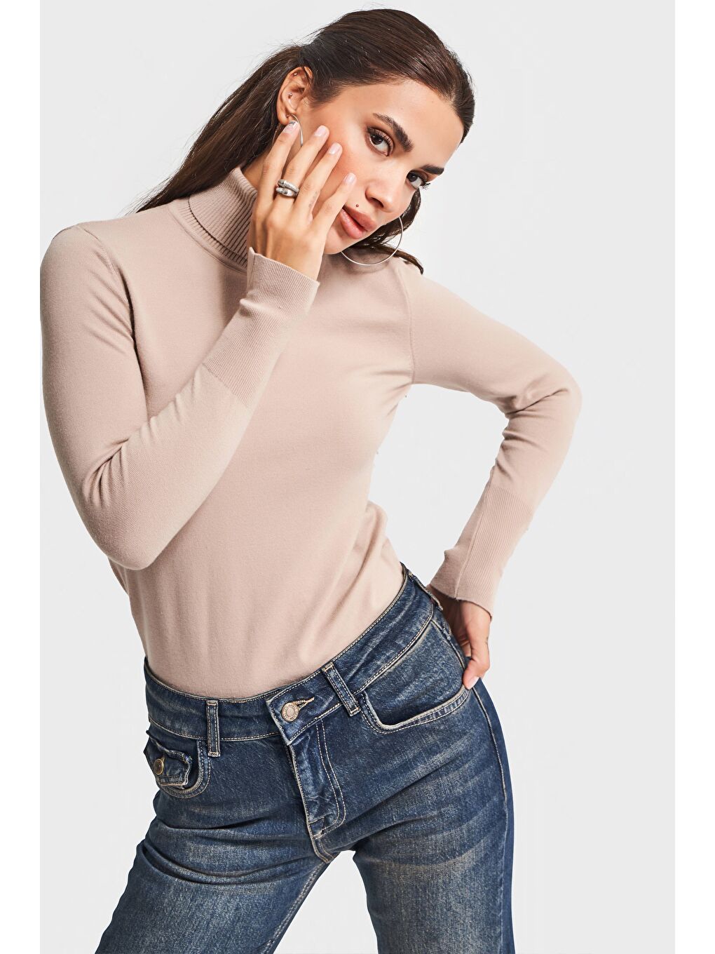 Bej Kadın Taş Renk w5-57 Yumuşak İnce Triko Kumaş Balıkçı Yaka Triko Kazak-2