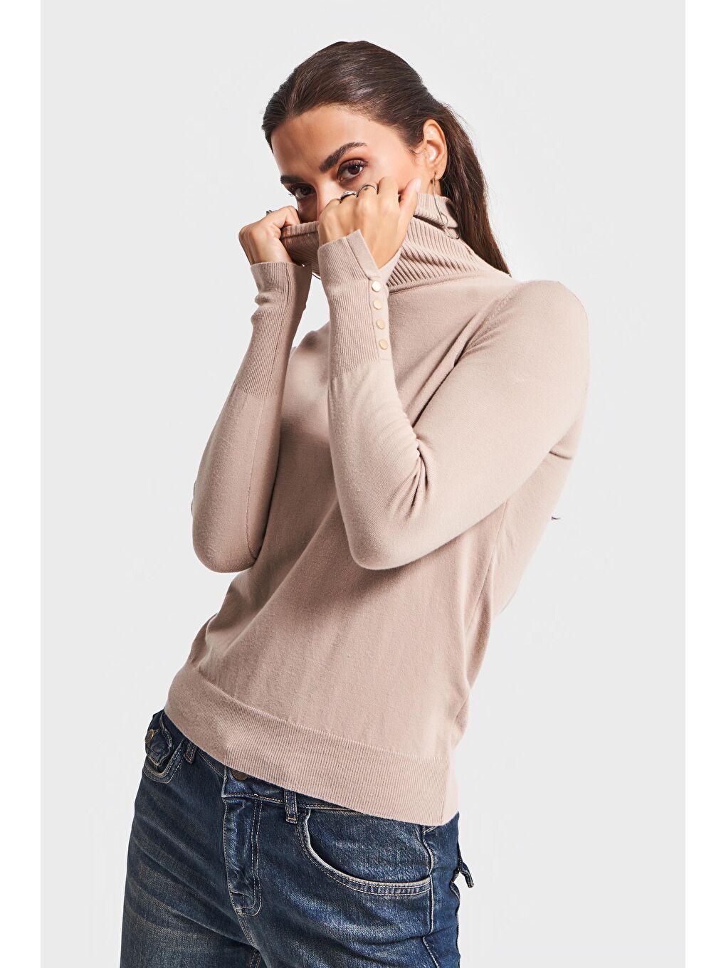 Bej Kadın Taş Renk w5-57 Yumuşak İnce Triko Kumaş Balıkçı Yaka Triko Kazak-3