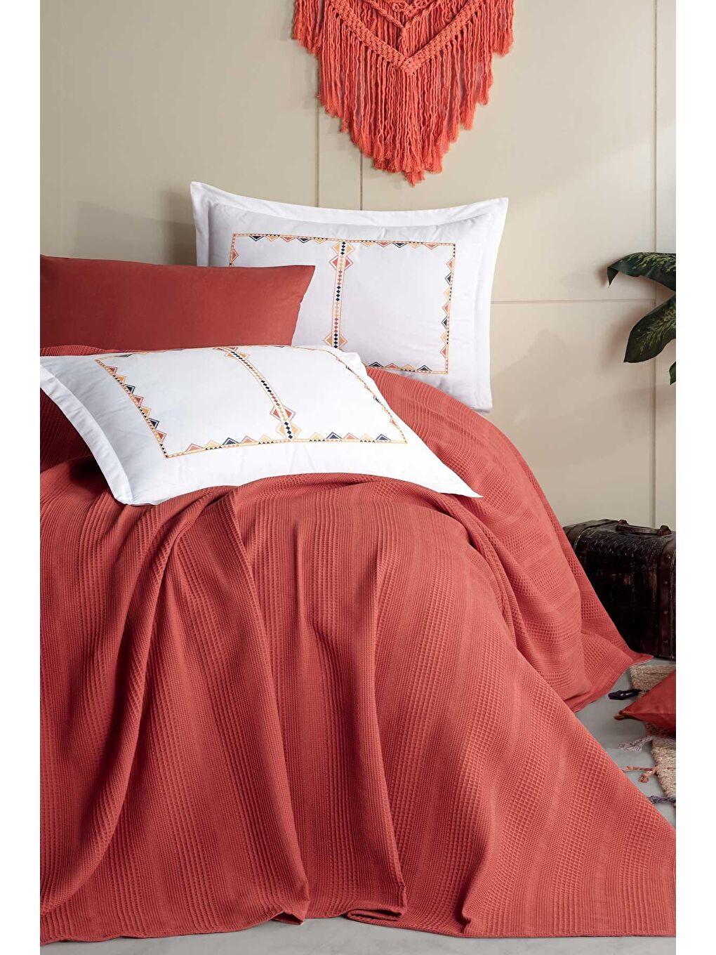 Kahverengi Pamuk Pike Seti Çift Kişilik 6 Parça Marcia Tarçın-1