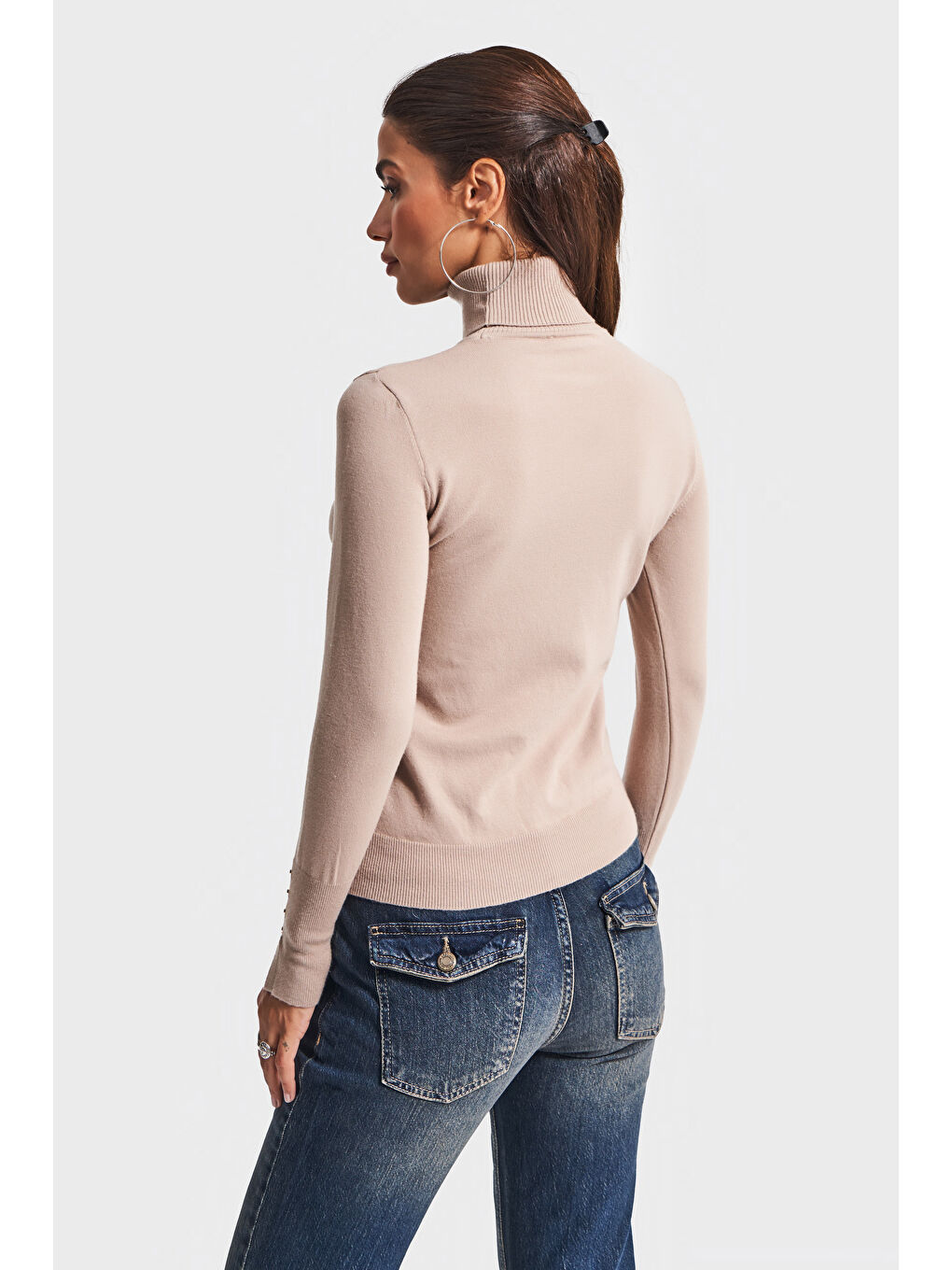 Bej Kadın Taş Renk w5-57 Yumuşak İnce Triko Kumaş Balıkçı Yaka Triko Kazak-4