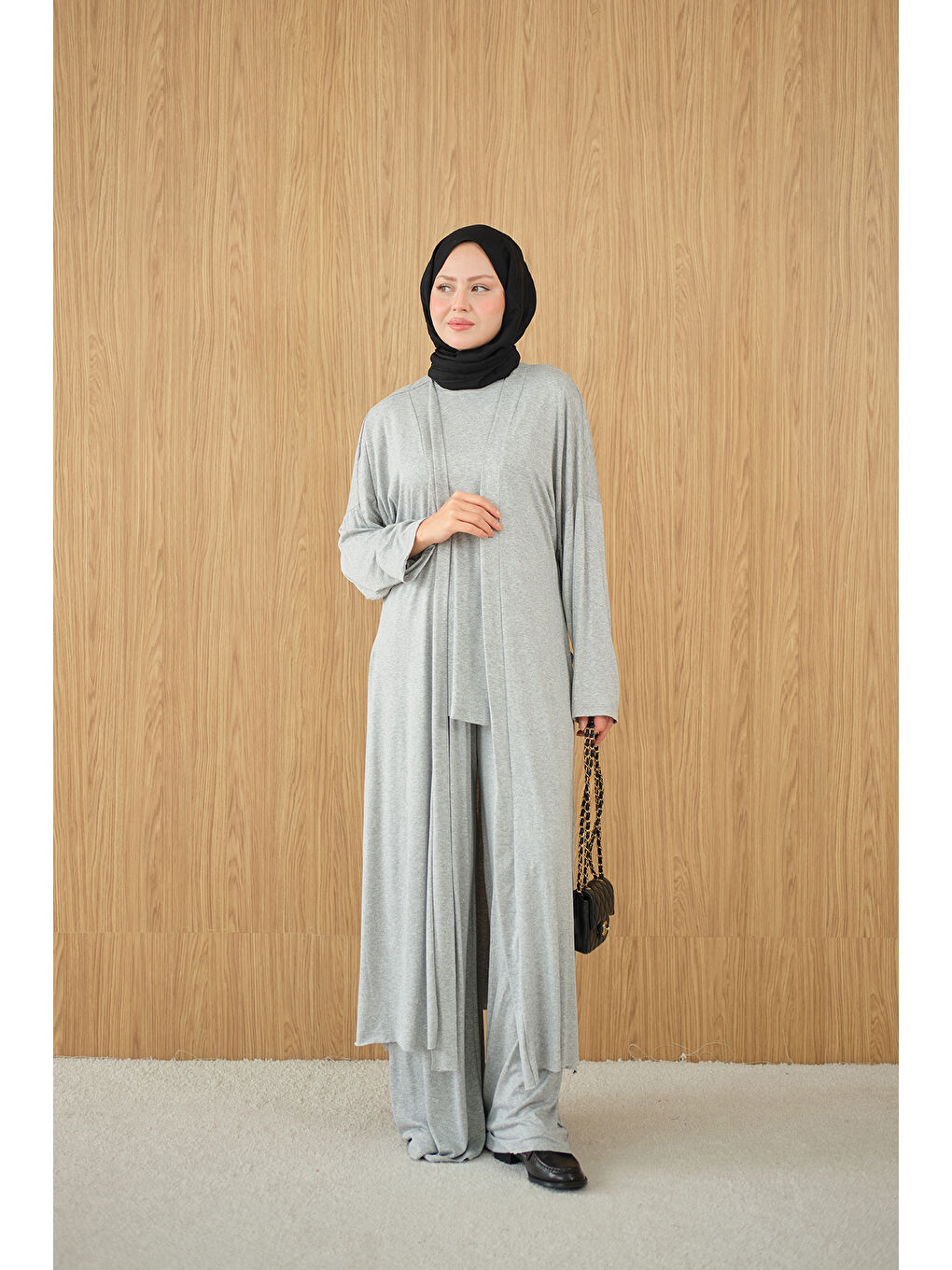 Kadın Yandan Yırtmaçlı Sıfır Kol 3'lü Takım Gri-1