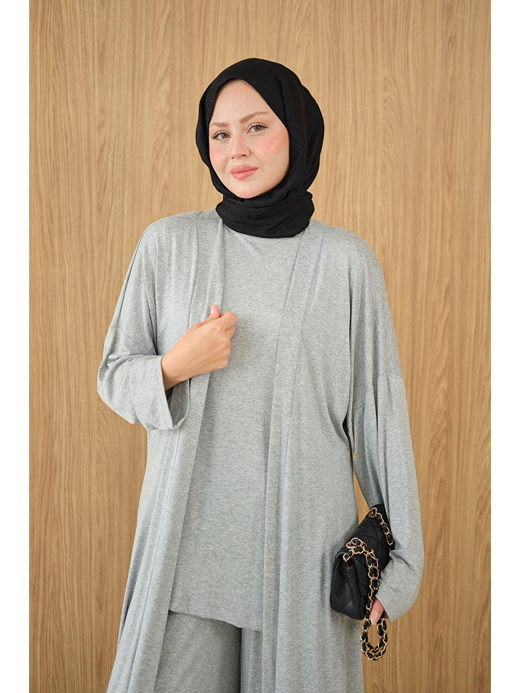 Kadın Yandan Yırtmaçlı Sıfır Kol 3'lü Takım Gri-2