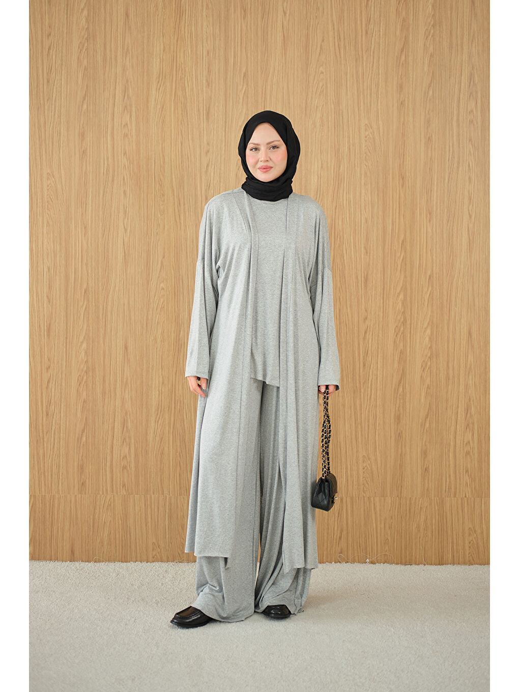 Kadın Yandan Yırtmaçlı Sıfır Kol 3'lü Takım Gri-3