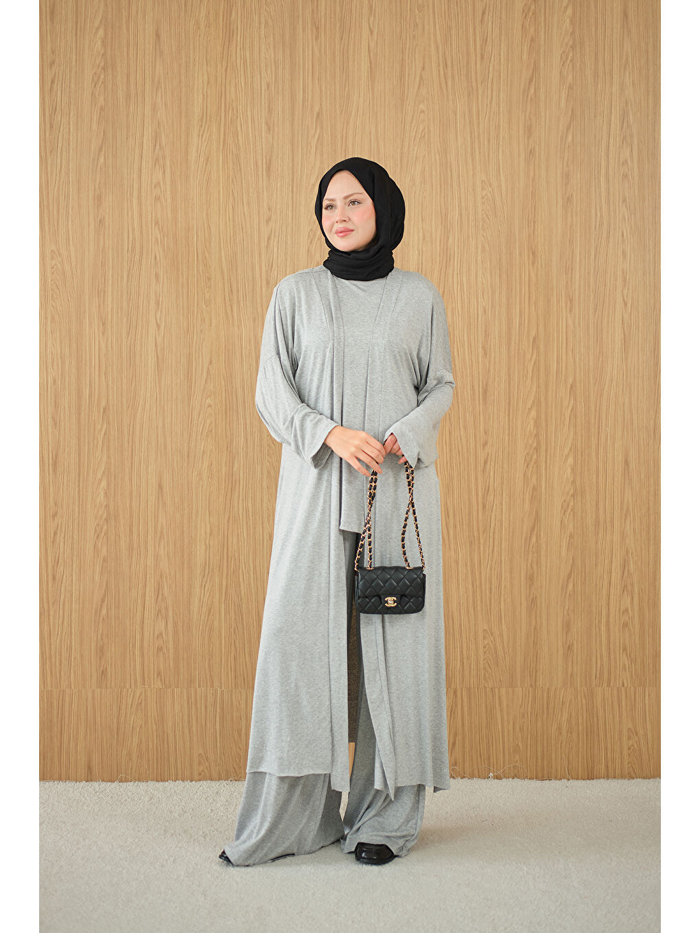 Kadın Yandan Yırtmaçlı Sıfır Kol 3'lü Takım Gri-4