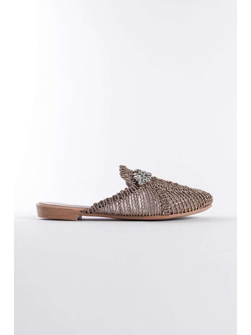 Bej Örme Triko Taşlı Kapalı Burunlu Kadın Terlik-1