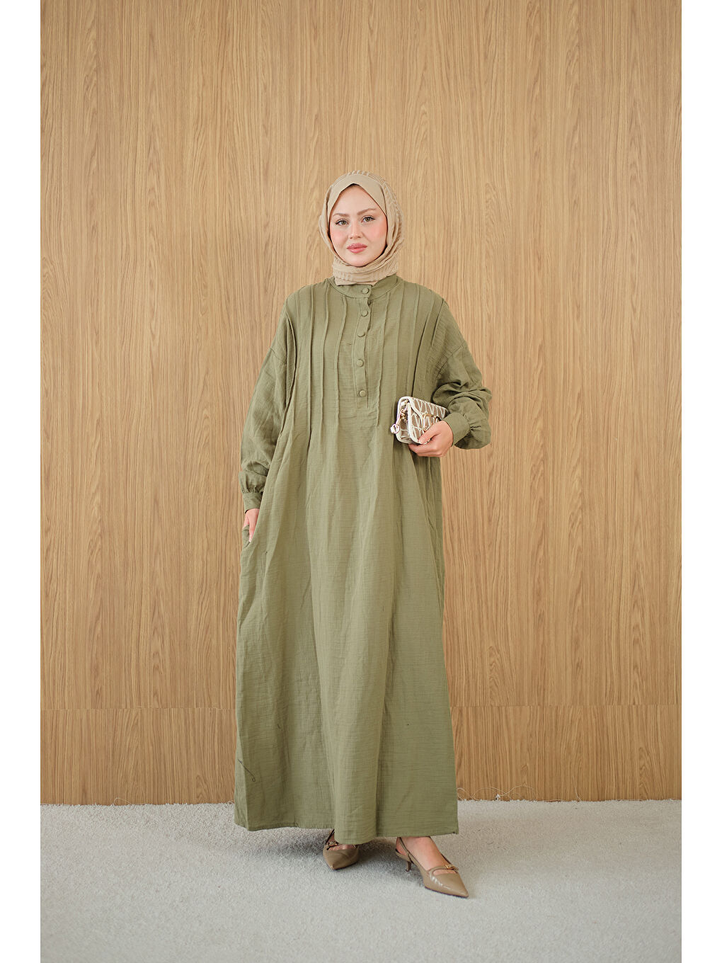 Kadın Önü Nervurlu Bisiklet Yaka Keten Elbise Yeşil-1