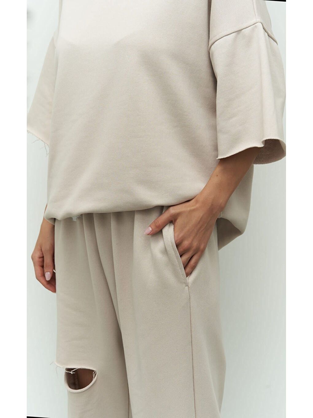 Beyaz Lion Kemik Oversize T-shirt Yırtıklı Eşofman Takım-6