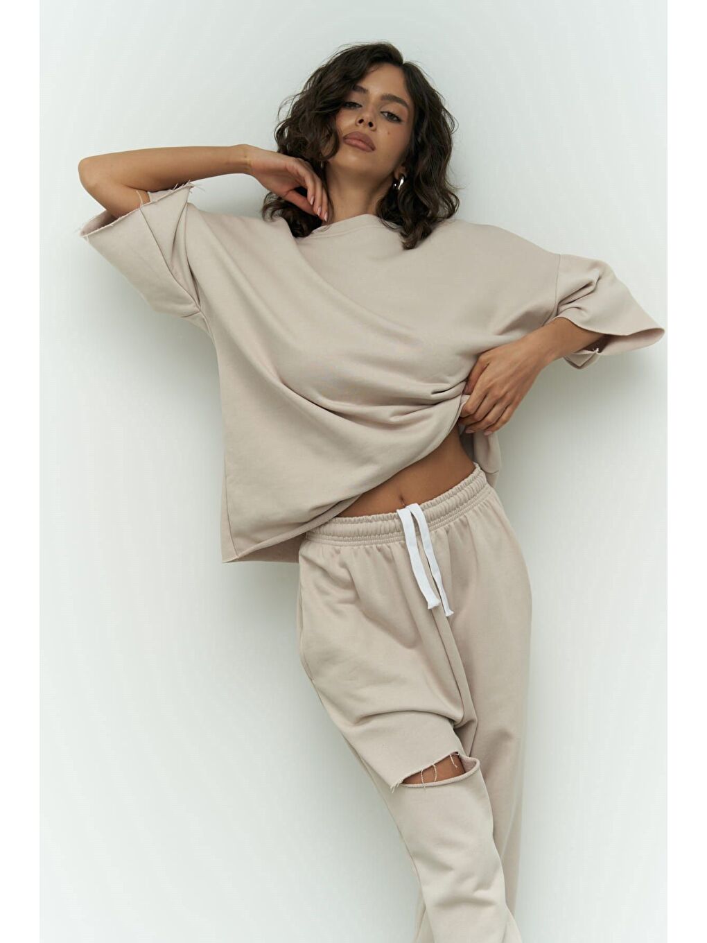 Beyaz Lion Kemik Oversize T-shirt Yırtıklı Eşofman Takım-7