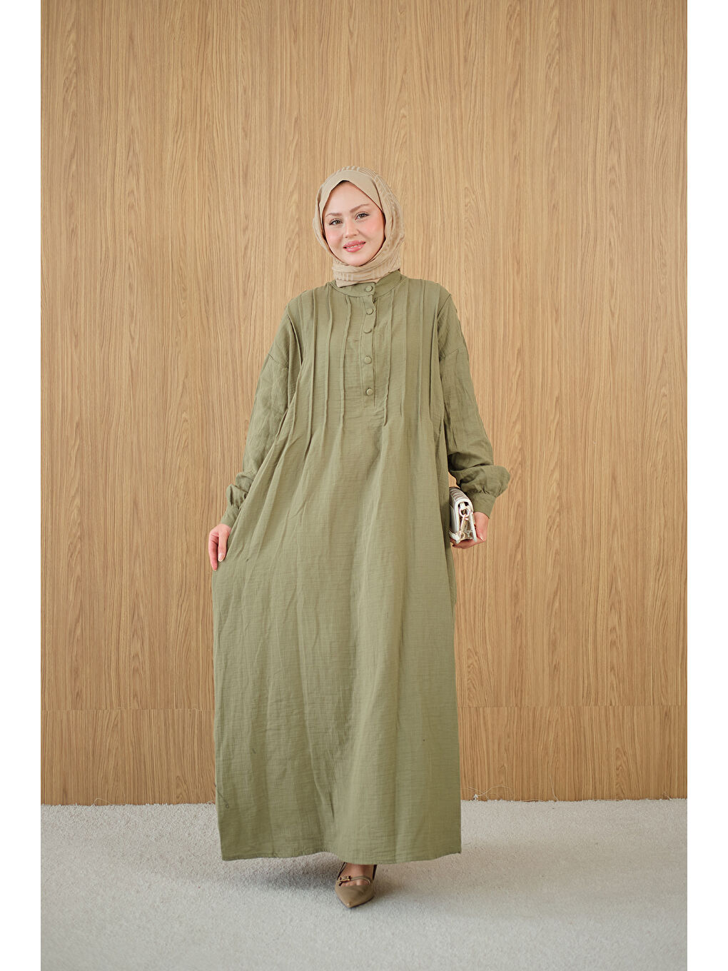 Kadın Önü Nervurlu Bisiklet Yaka Keten Elbise Yeşil-3