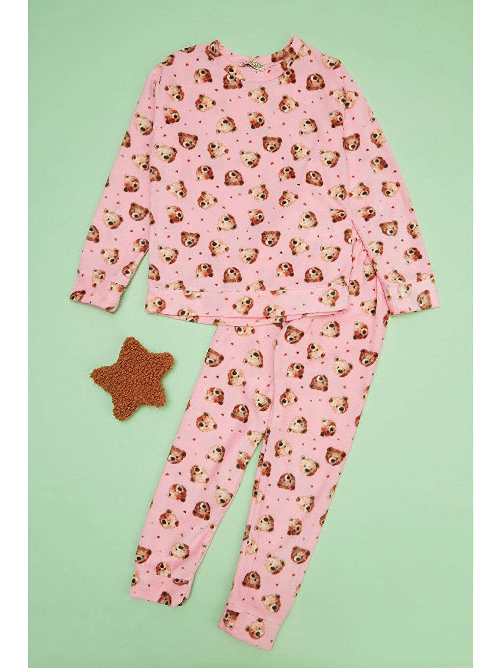 Pembe Ayıcık Desenli Polar Unisex Çocuk Pijama Takımı-2