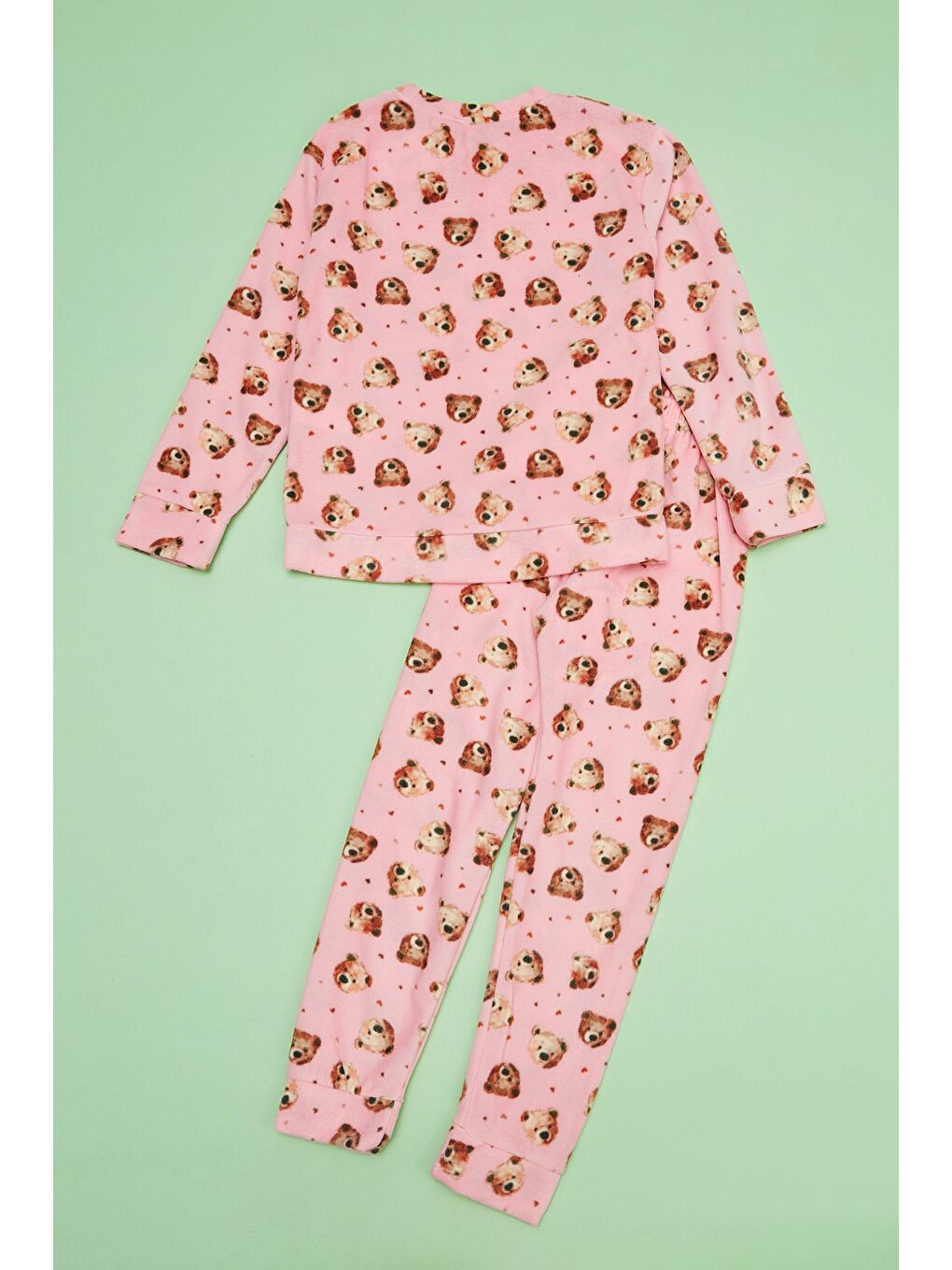 Pembe Ayıcık Desenli Polar Unisex Çocuk Pijama Takımı-3