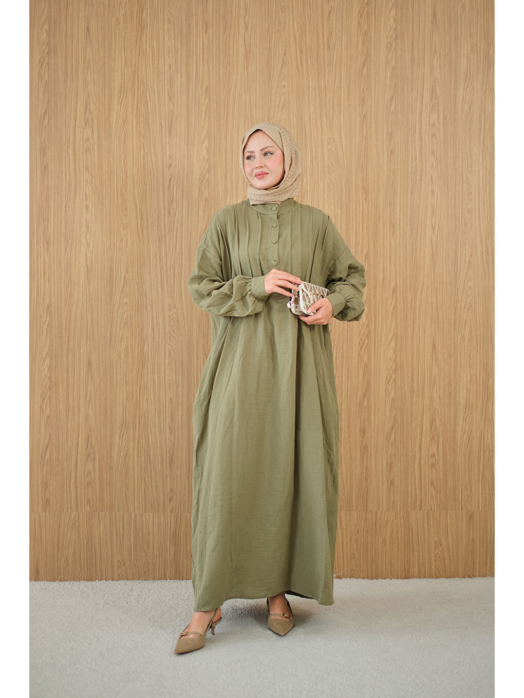 Kadın Önü Nervurlu Bisiklet Yaka Keten Elbise Yeşil-4