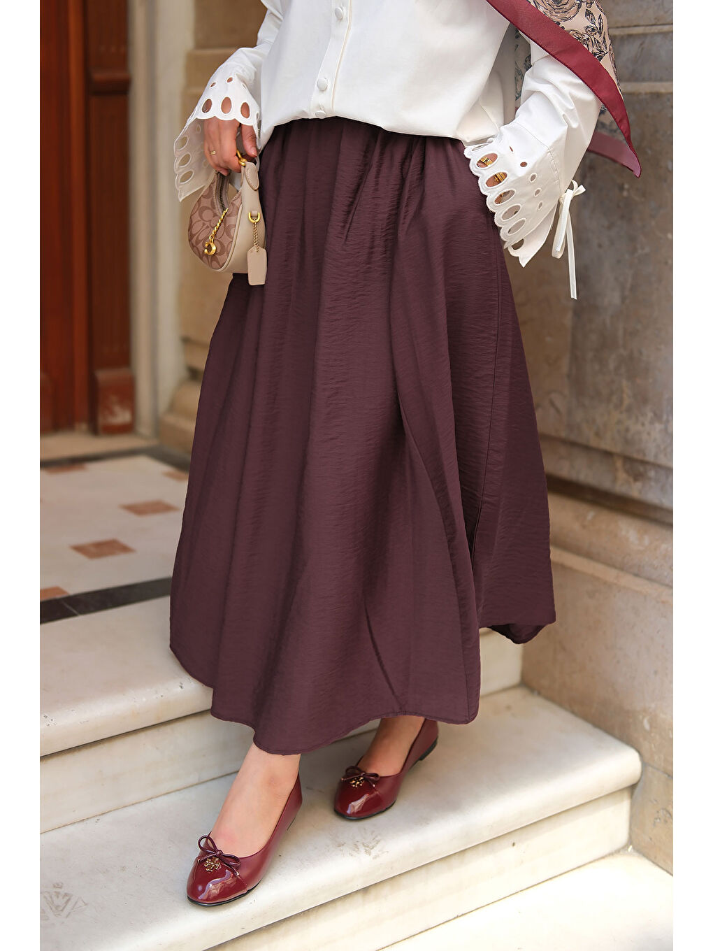 Kadın Kırışık Kloş Etek Mürdüm-1