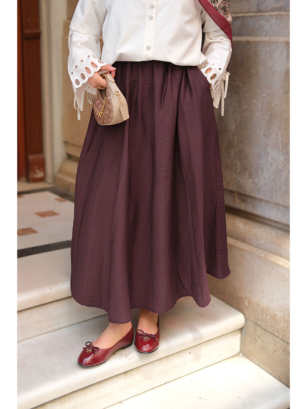 Kadın Kırışık Kloş Etek Mürdüm-2