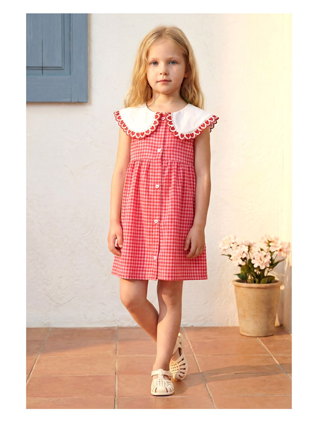 Kız Çocuk Pamuklu Pembe Pötikare Yakalı Elbise-2