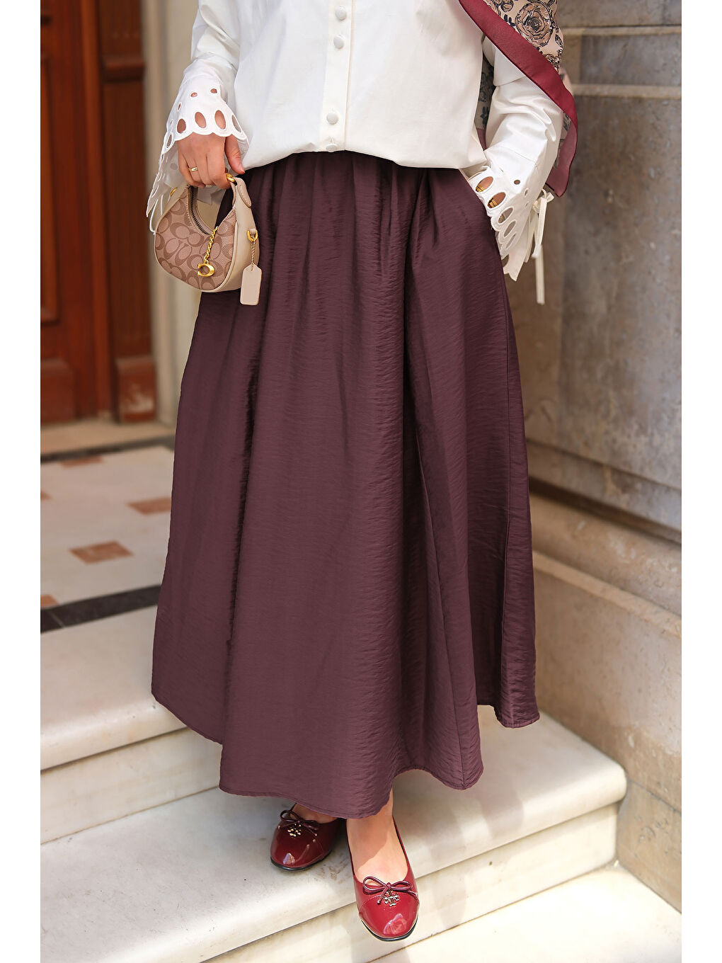 Kadın Kırışık Kloş Etek Mürdüm-3