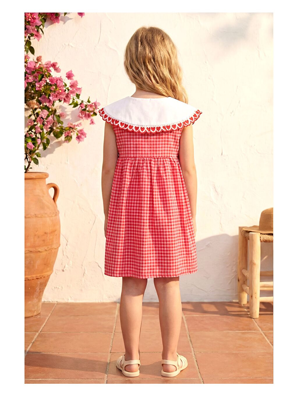 Kız Çocuk Pamuklu Pembe Pötikare Yakalı Elbise-3