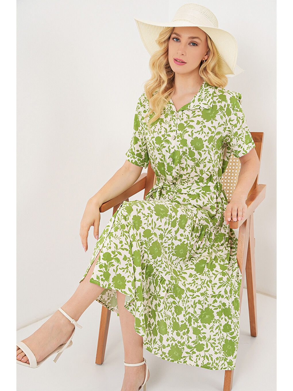 Kadın Kısa Kol Desenli Elbise 2560 - E.Yeşil