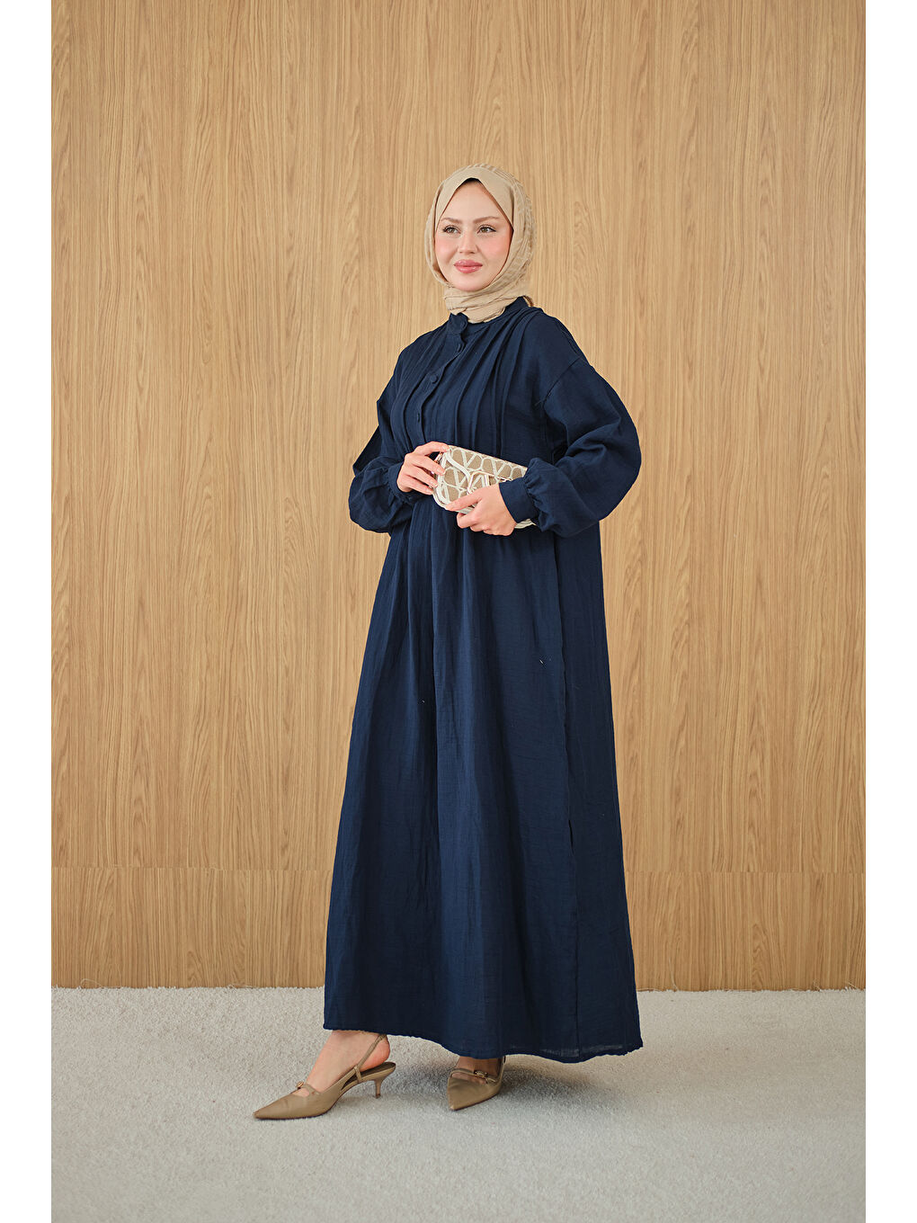 Kadın Önü Nervurlu Bisiklet Yaka Keten Elbise Lacivert-2