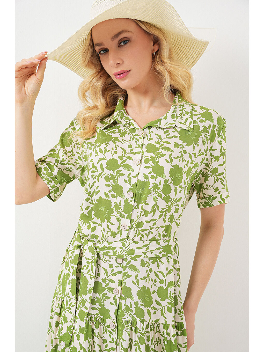 Kadın Kısa Kol Desenli Elbise 2560 - E.Yeşil-1