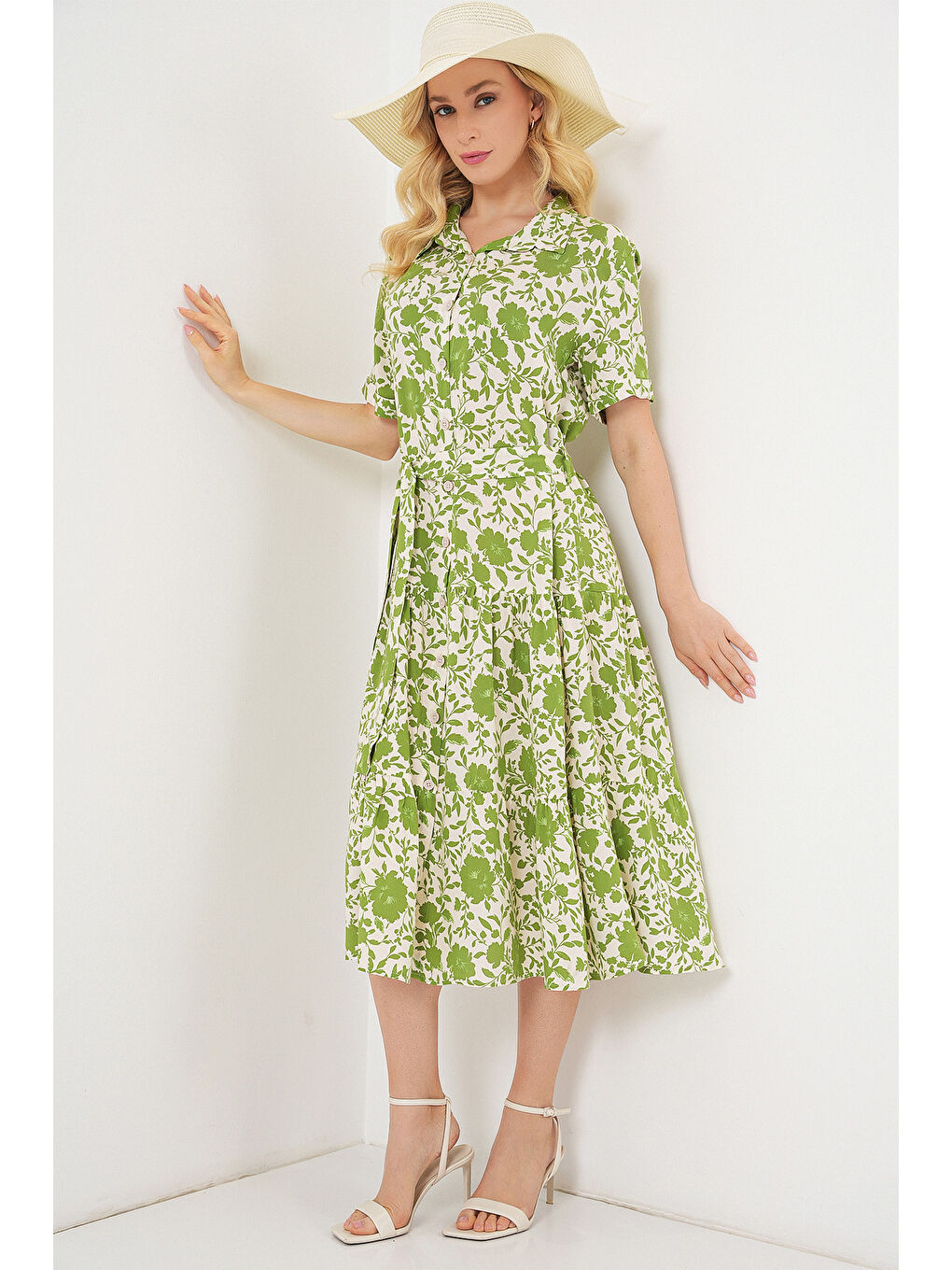 Kadın Kısa Kol Desenli Elbise 2560 - E.Yeşil-2