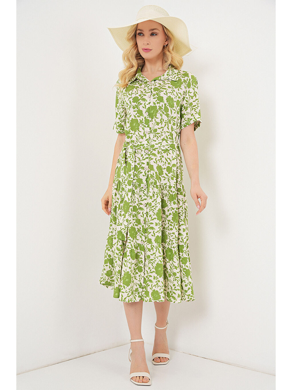 Kadın Kısa Kol Desenli Elbise 2560 - E.Yeşil-3