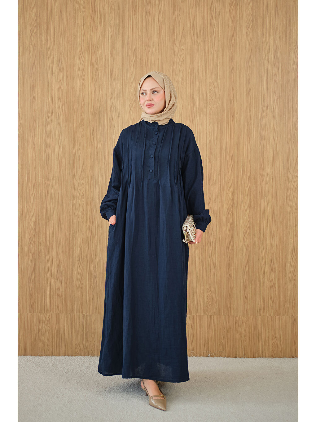 Kadın Önü Nervurlu Bisiklet Yaka Keten Elbise Lacivert-3