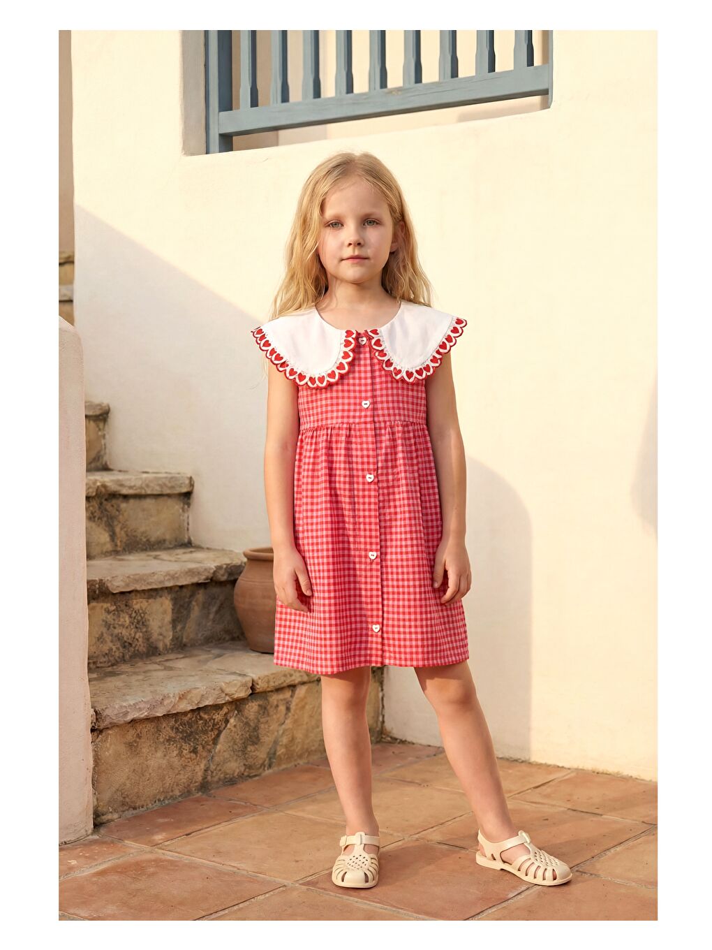 Kız Çocuk Pamuklu Pembe Pötikare Yakalı Elbise-4