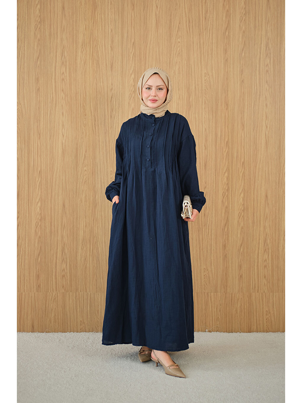 Kadın Önü Nervurlu Bisiklet Yaka Keten Elbise Lacivert-4
