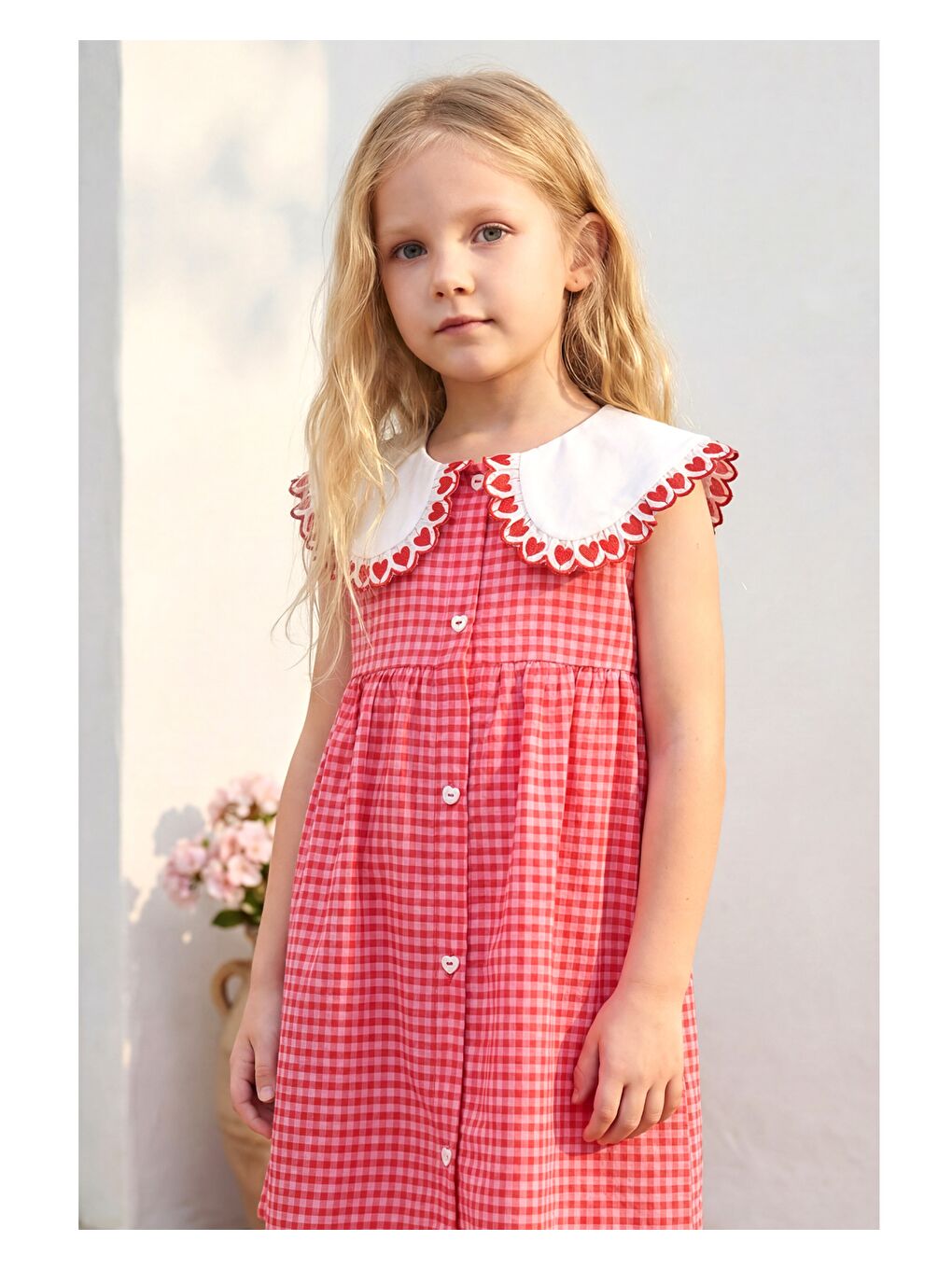 Kız Çocuk Pamuklu Pembe Pötikare Yakalı Elbise-5