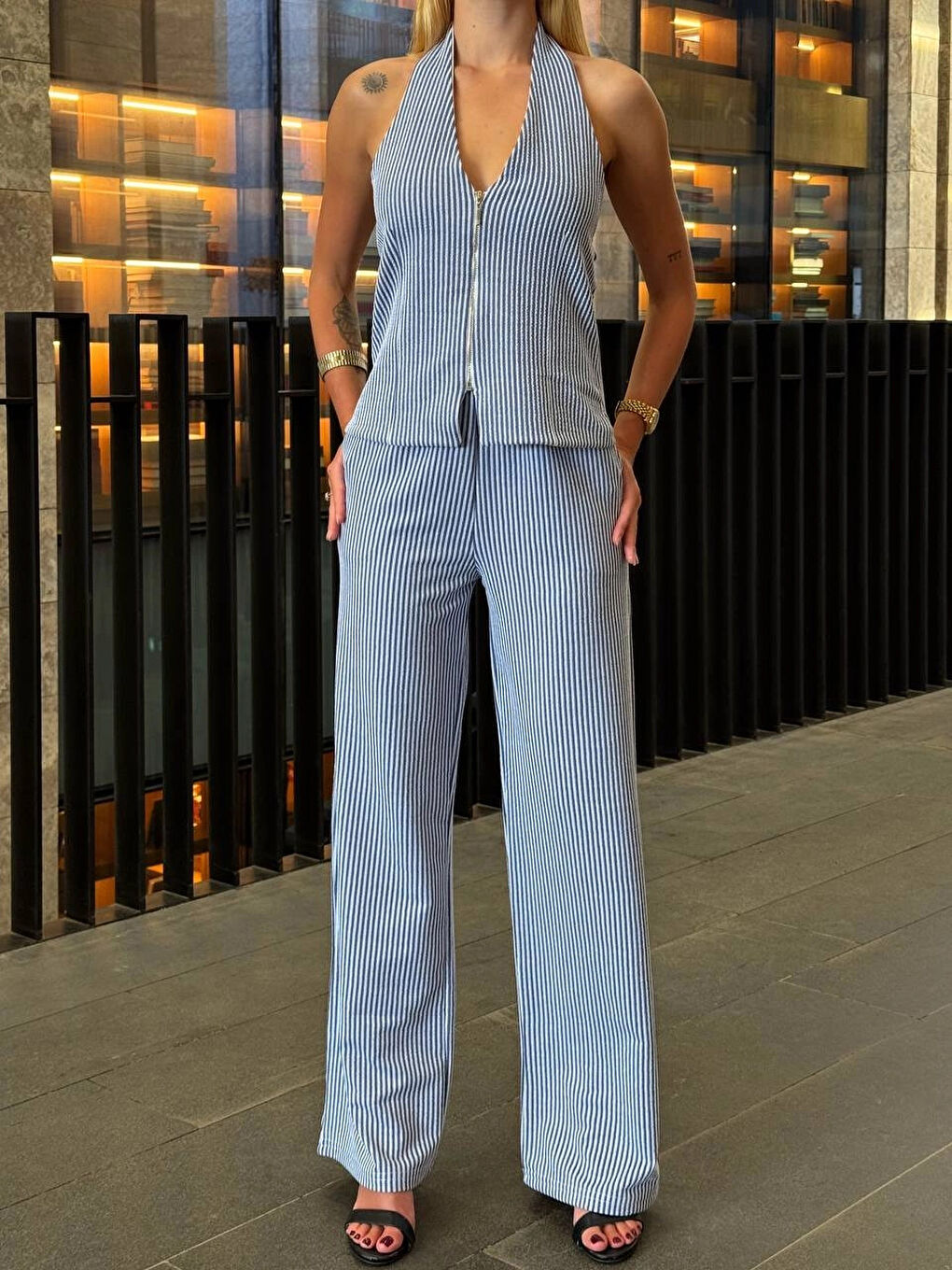 Kadın İndigo Çizgili Önü Fermuarlı Bluz Pantolon İkili Takım HZL25S-ZK13691-1