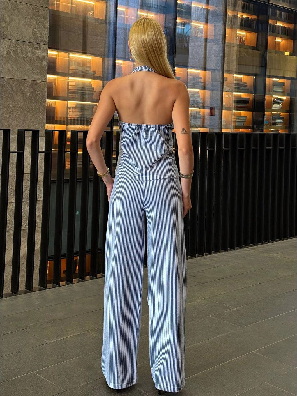 Kadın İndigo Çizgili Önü Fermuarlı Bluz Pantolon İkili Takım HZL25S-ZK13691-4