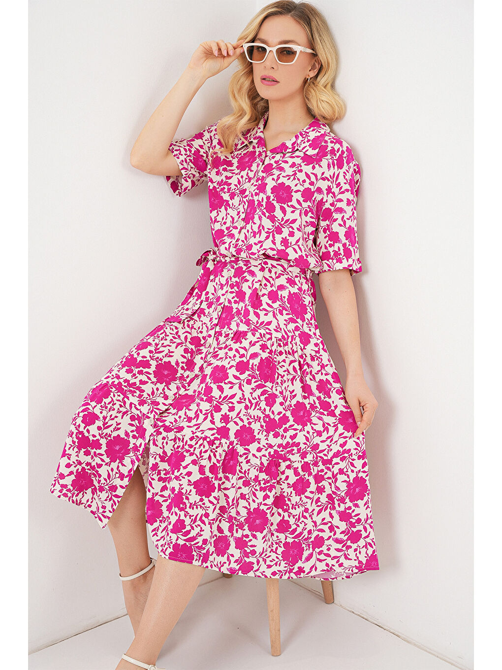Kadın Kısa Kol Desenli Elbise 2560 - Fuşya