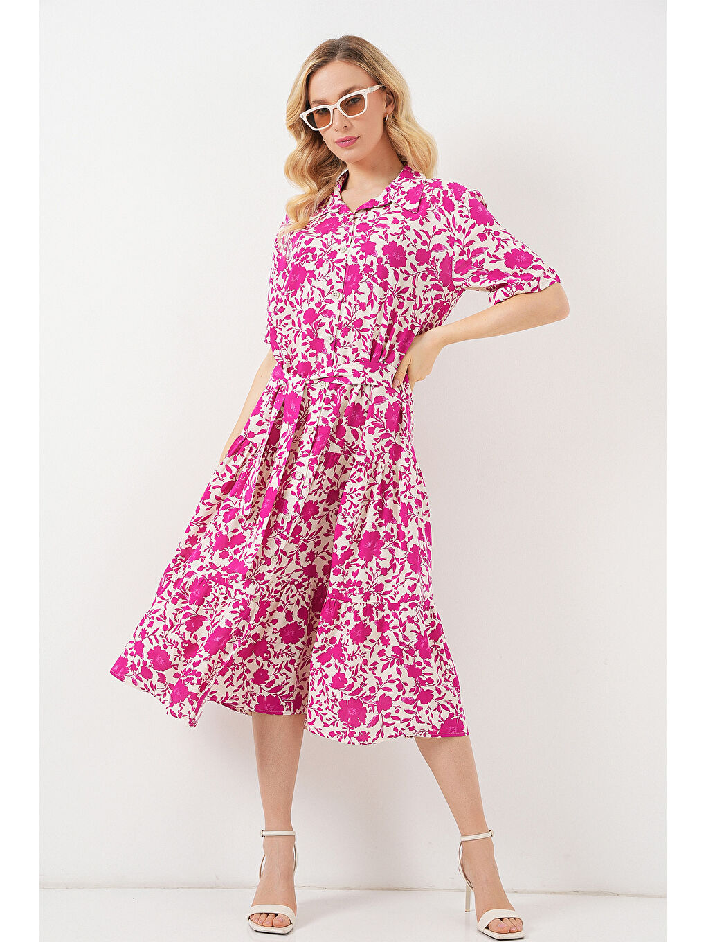 Kadın Kısa Kol Desenli Elbise 2560 - Fuşya-1