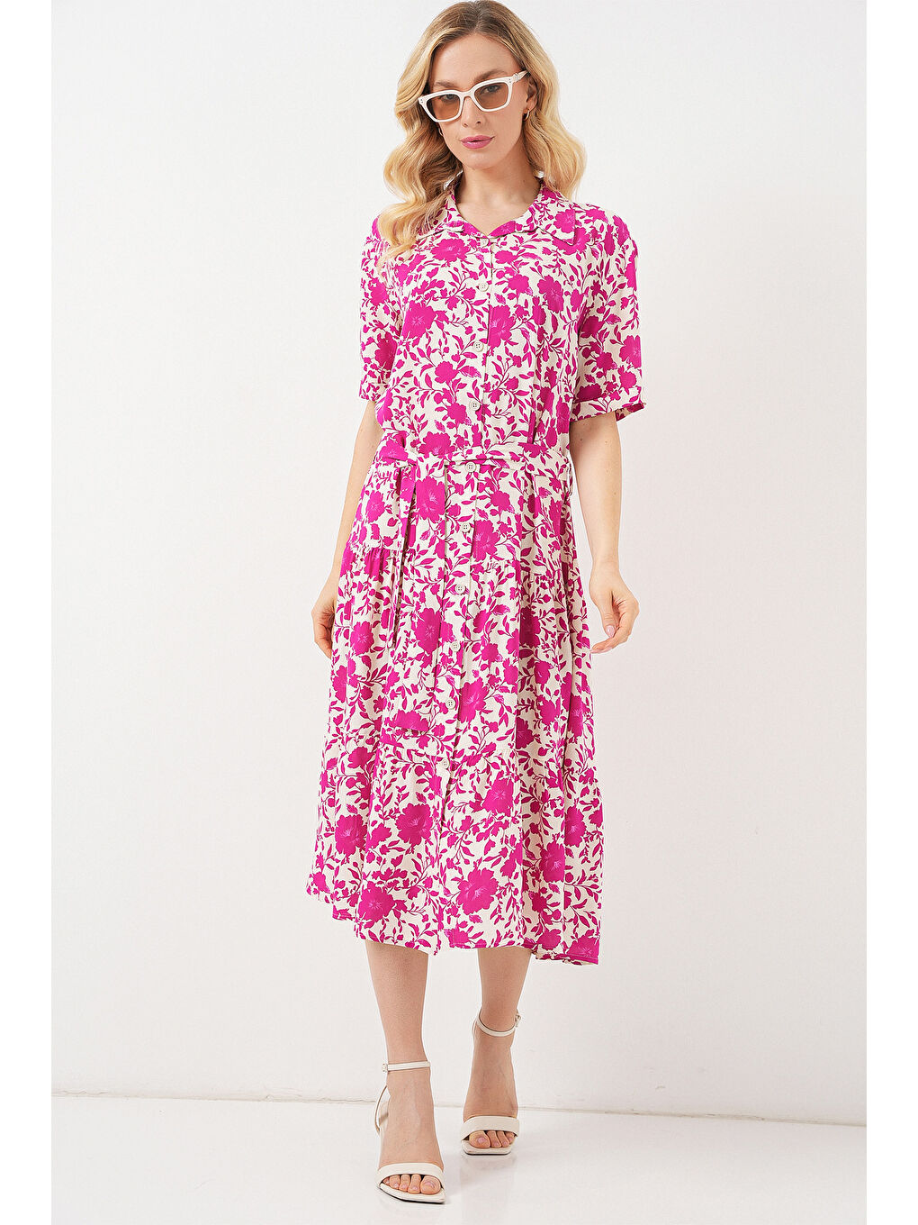 Kadın Kısa Kol Desenli Elbise 2560 - Fuşya-3