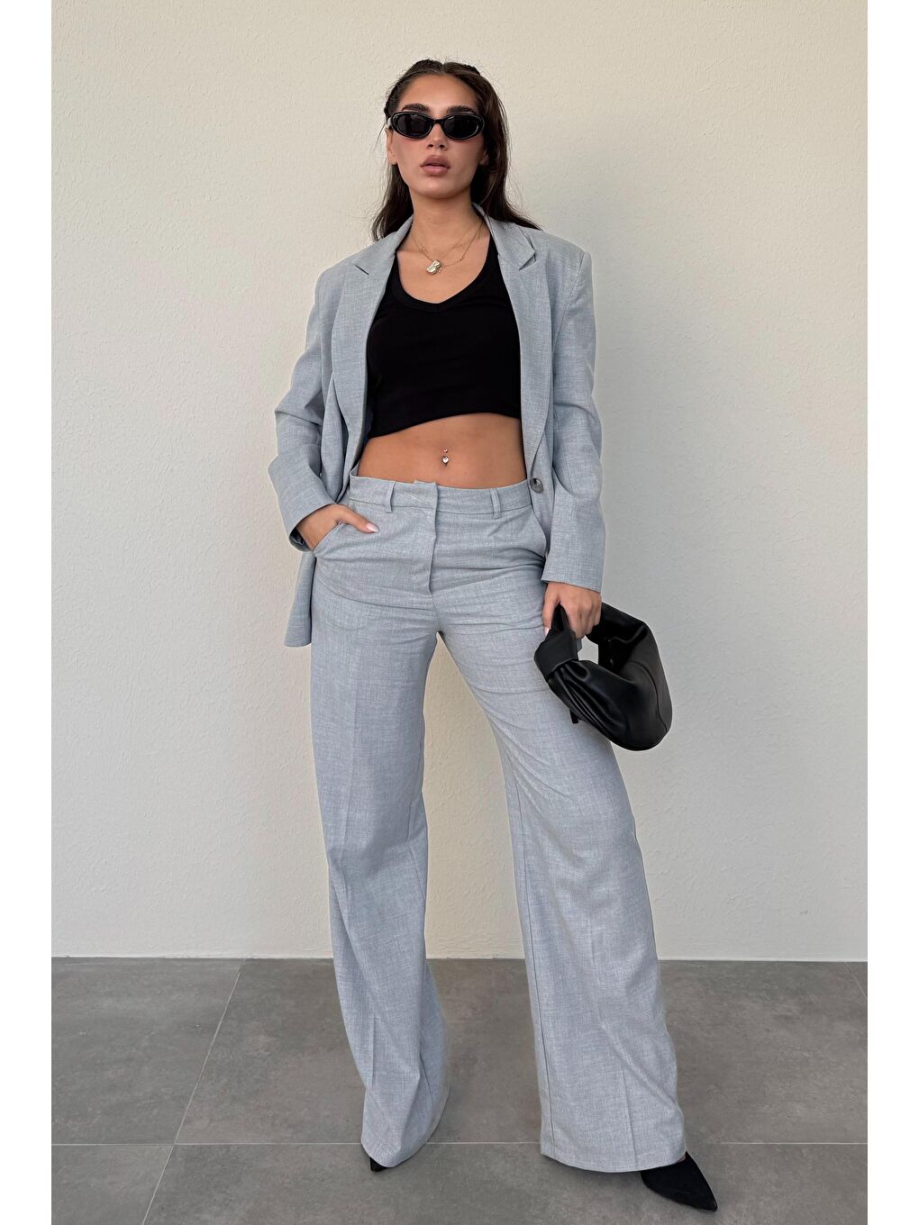 Gri Oversize Blazer Kadın Ceket Mg2445-3