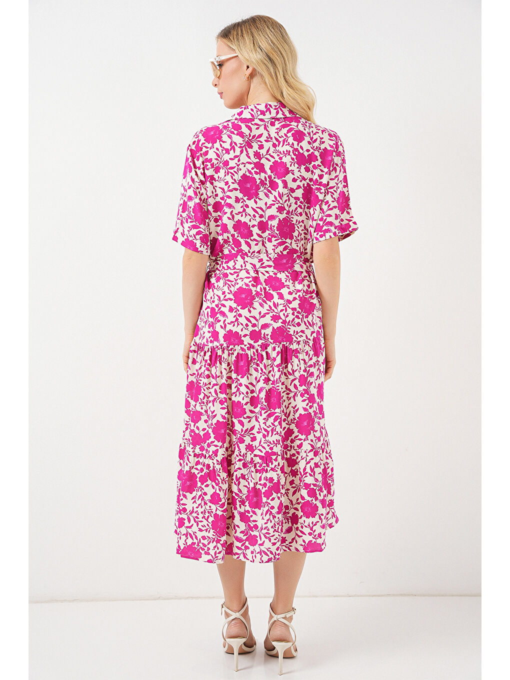 Kadın Kısa Kol Desenli Elbise 2560 - Fuşya-5