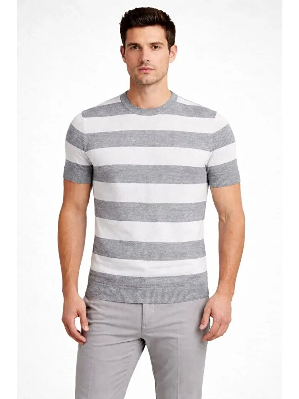 Gri Erkek Çizgili Triko Dokuma Bisiklet Yaka Tişört
