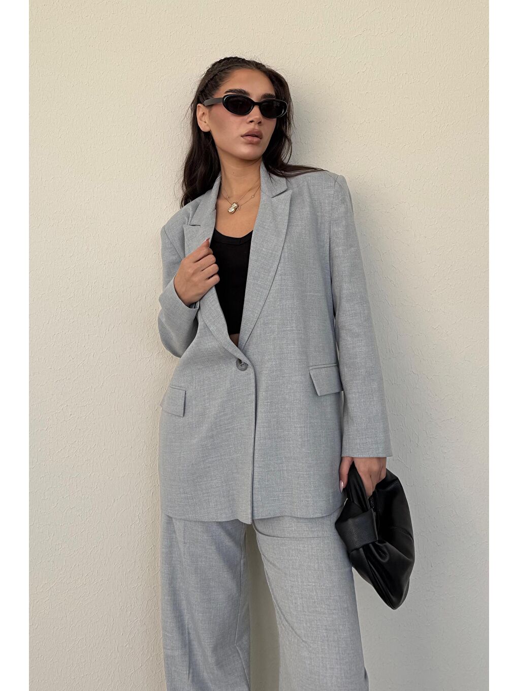 Gri Oversize Blazer Kadın Ceket Mg2445-4