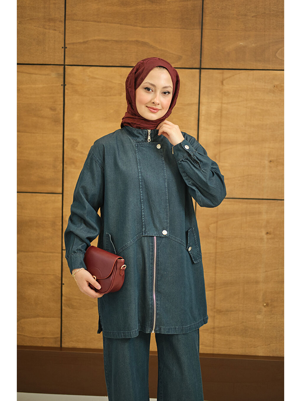 Kadın Düğme Detay Gizli Fermuarlı Takım Petrol Mavi-2