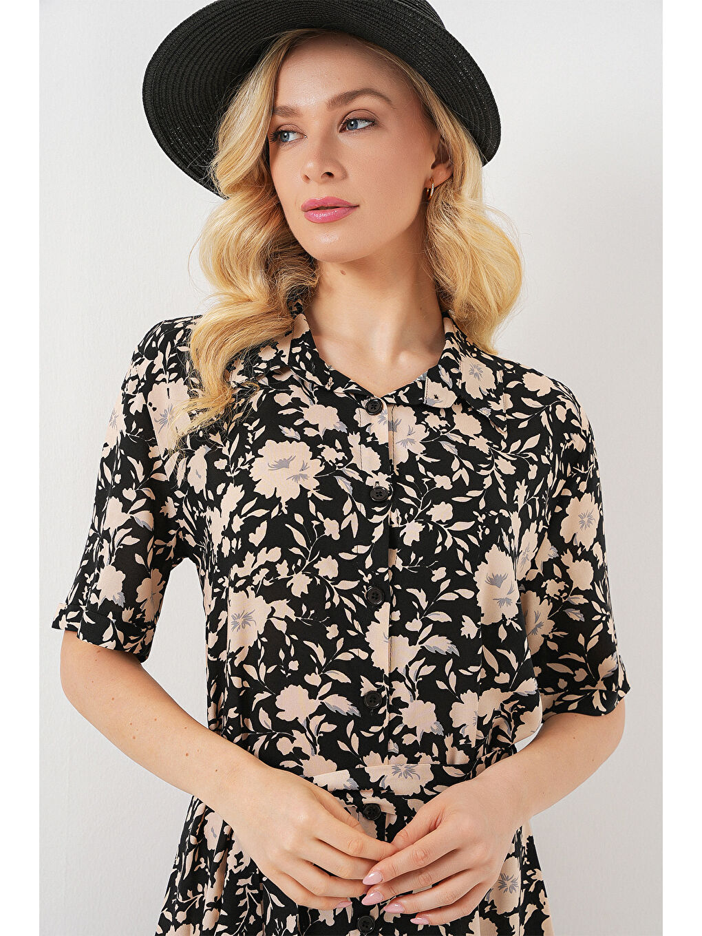 Kadın Kısa Kol Desenli Elbise 2560 - Siyah-1