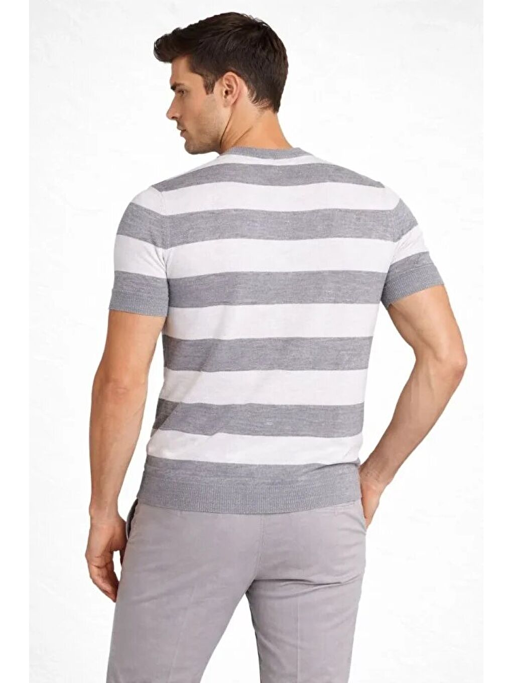 Gri Erkek Çizgili Triko Dokuma Bisiklet Yaka Tişört-1