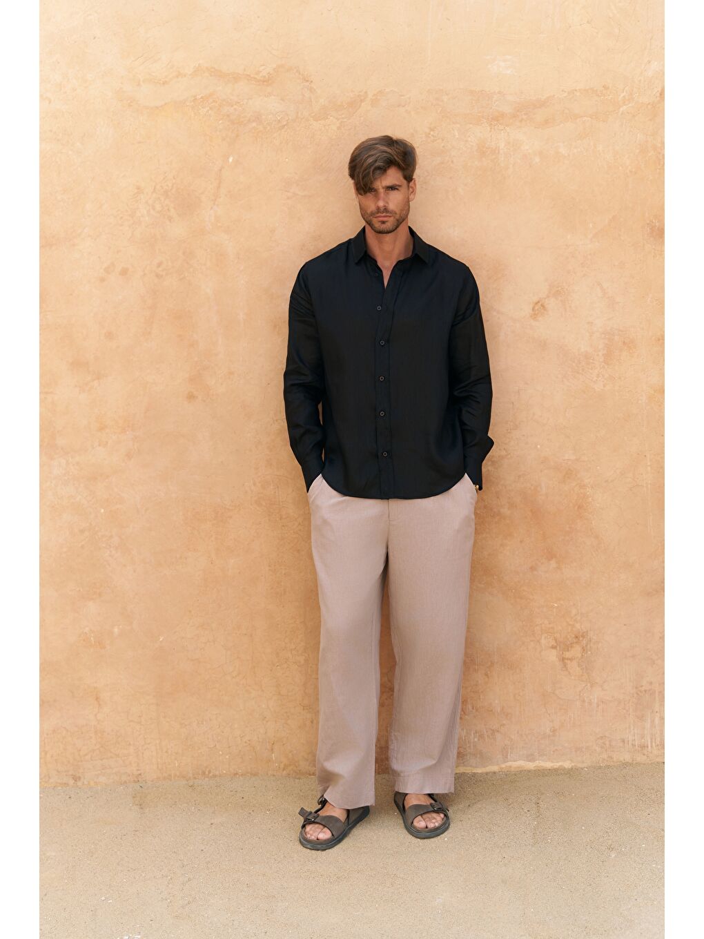 Agnola Oversize Erkek Siyah Keten Gömlek-1