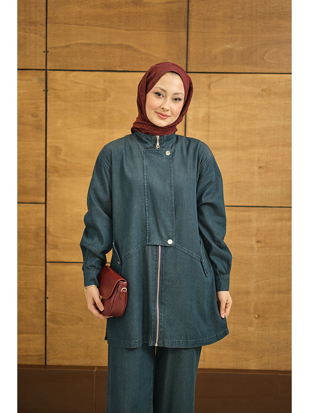 Kadın Düğme Detay Gizli Fermuarlı Takım Petrol Mavi-3