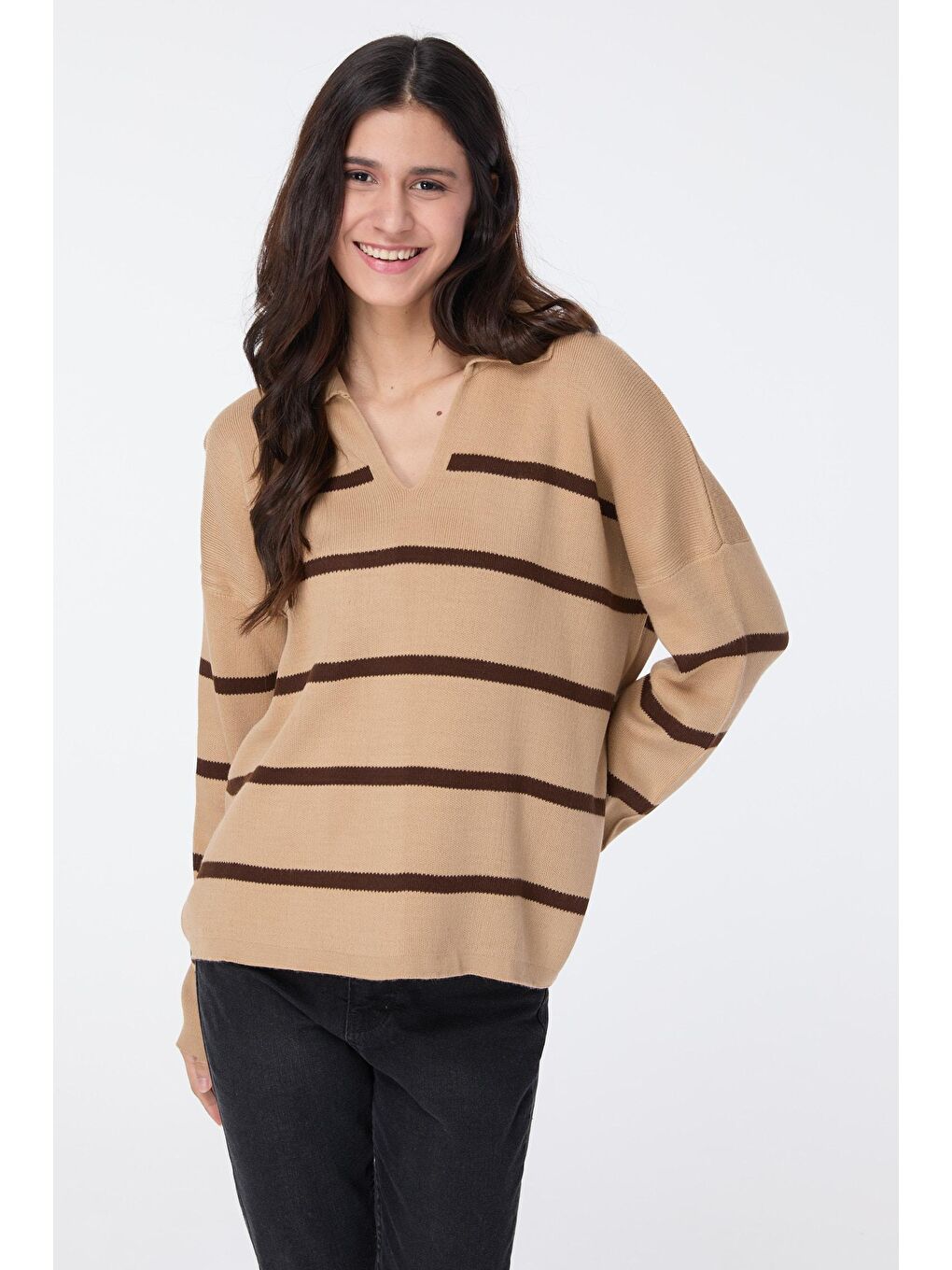Bej Gömlek Yaka Kadın Vizon Triko Kazak - 23633