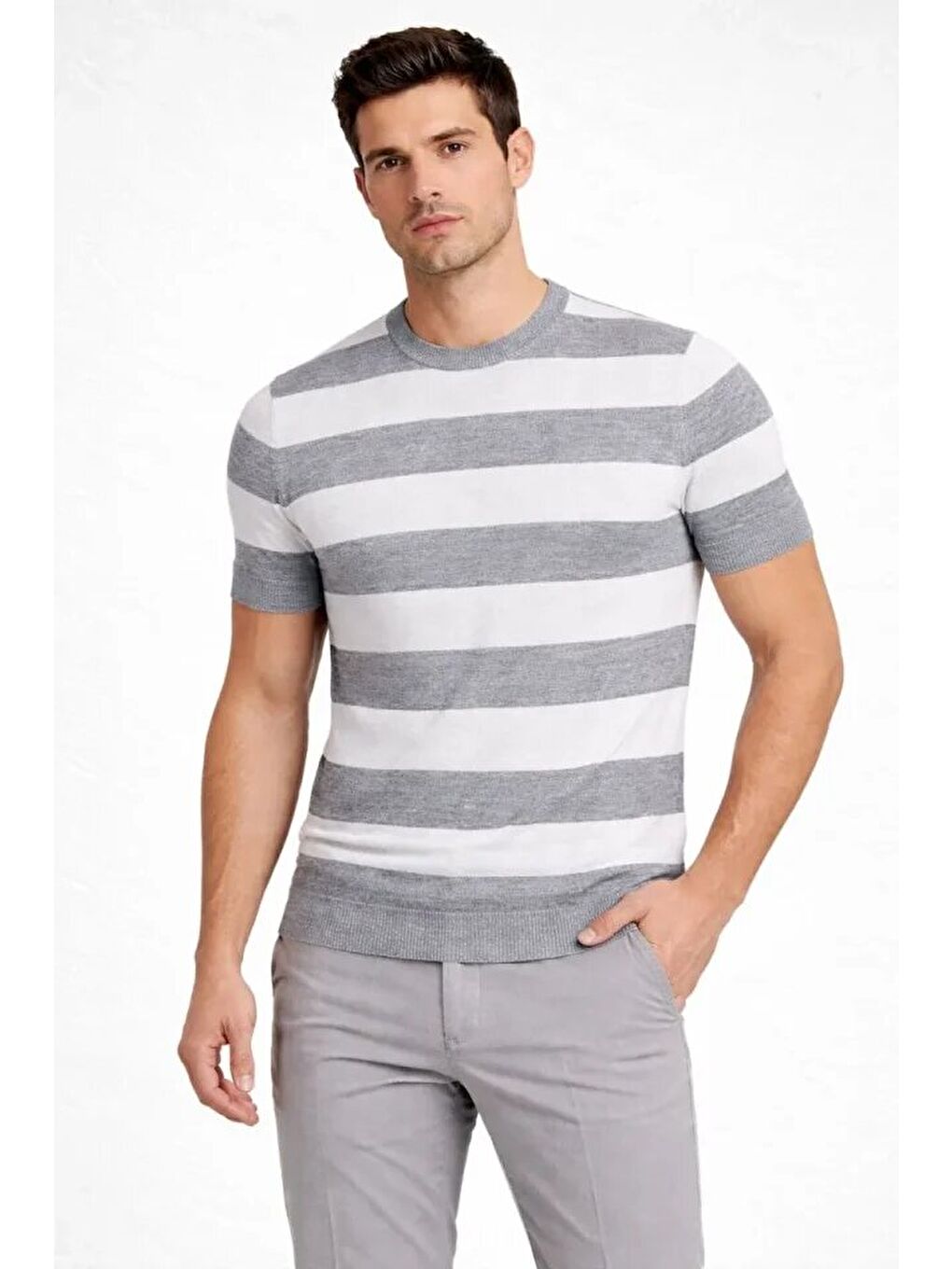 Gri Erkek Çizgili Triko Dokuma Bisiklet Yaka Tişört-2