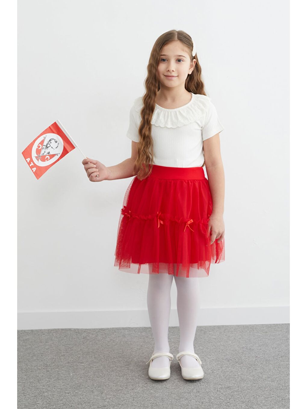 Kırmızı Beli Lastikli Fiyonklu Kız Çocuk Tül Etek